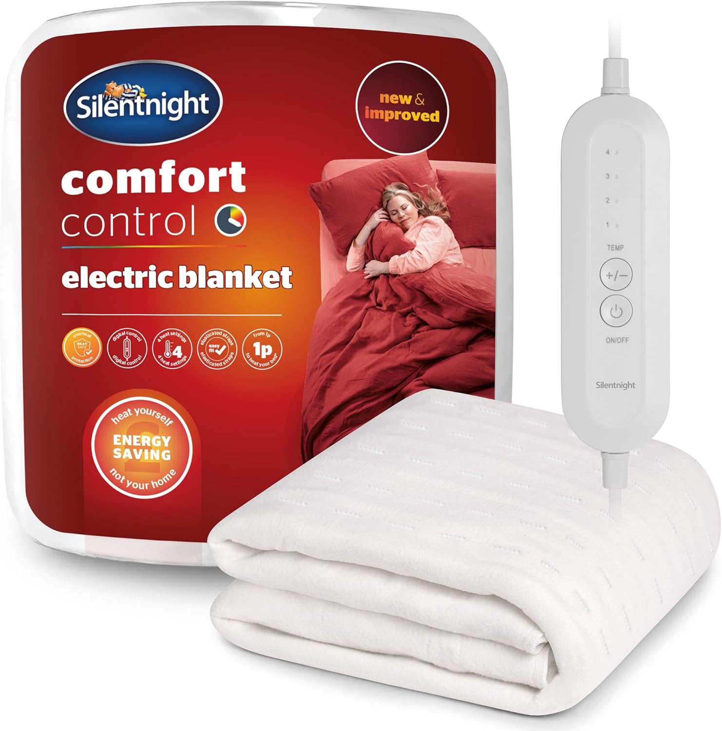 Silentnight Comfort Control Electric Blanket Single Bed - Heated Underblanket With 4 Heat Settings - Fast Heat Up - Overheat Protection and Easy Fit Straps - Machine Washable - Single - 135x72cm