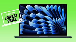 Midnight MacBook Air M3 against green gradient background.