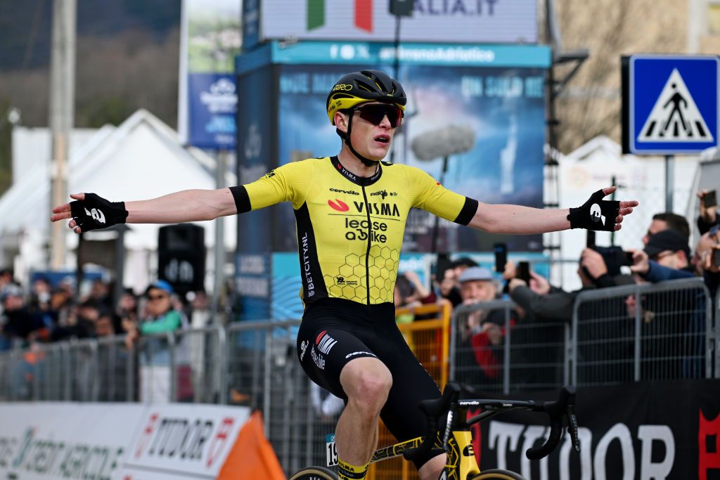 VALLE CASTELLANA ITALY MARCH 08 Jonas Vingegaard Hansen of Denmark and Team VismaLease A Bike celebrates at finish line as stage winner during the 59th TirrenoAdriatico 2024 Stage 5 a 144km stage from Torricella Sicura to Valle Castellana 615m UCIWT on March 08 2024 in Valle Castellana Italy Photo by Tim de WaeleGetty Images