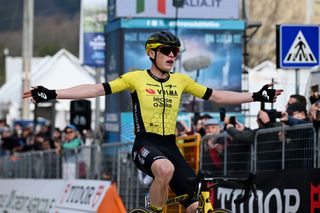 Jonas Vingegaard Hansen (Visma-Lease A Bike) attacks in the breakaway with 28km to go and wins on stage 5 at Tirreno-Adriatico 2024 