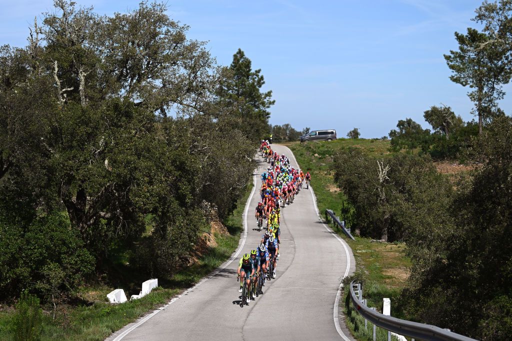 ALTO DO MALHAO PORTUGAL FEBRUARY 18 Marco Haller of Austria and Team BORA hansgrohe leads the peloton during the 50th Volta ao Algarve em Bicicleta 2024 Stage 5 a 1658km stage from Faro to Alto do Malhao 514m on February 18 2024 in Alto do Malhao Portugal Photo by Dario BelingheriGetty Images