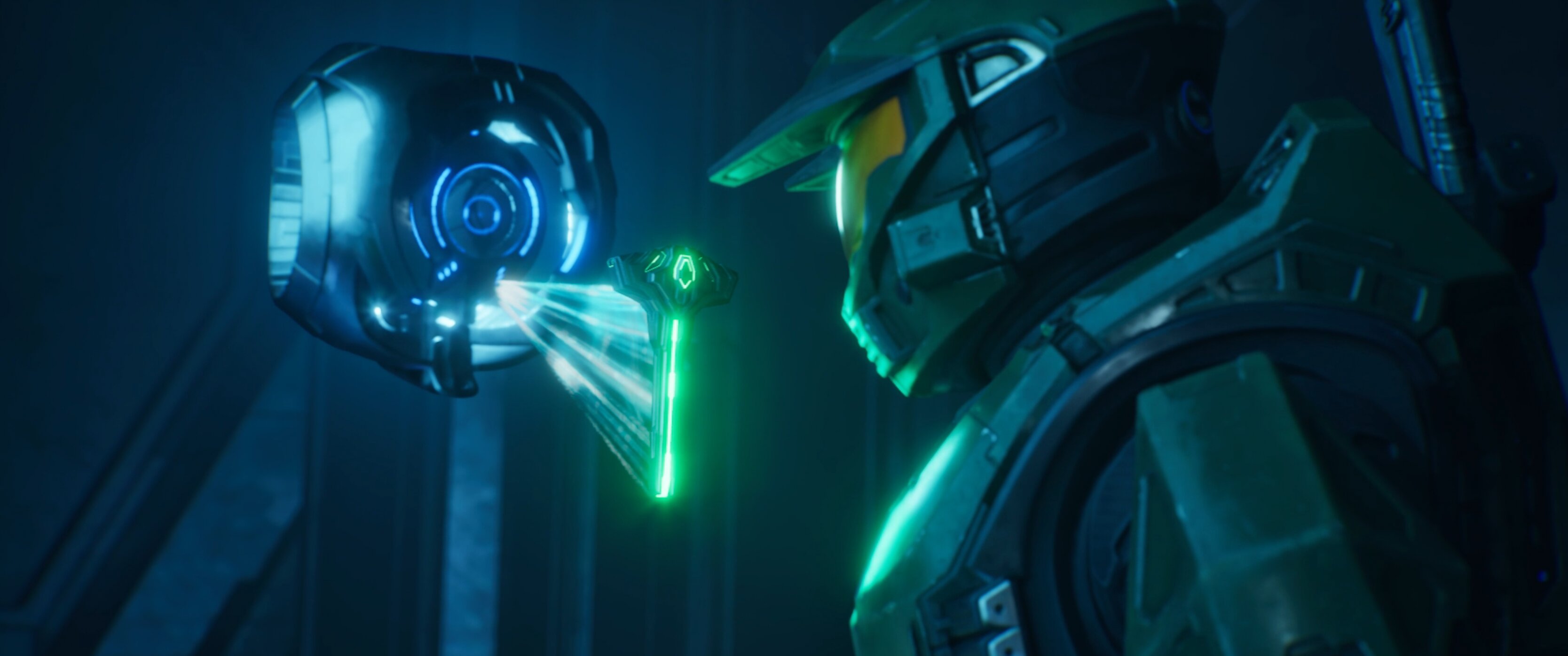 A screenshot of Master Chief and 343 Guilty Spark from a Halo: Campaign Evolved cutscene.
