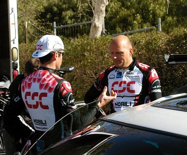 Dave Zabriskie and Bjarne Riis have a chat before riding in Solvang