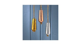 beaten metal light pulls in copper, brass and chrome