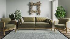 an olive green storage sofa set from costco in a neutral living room