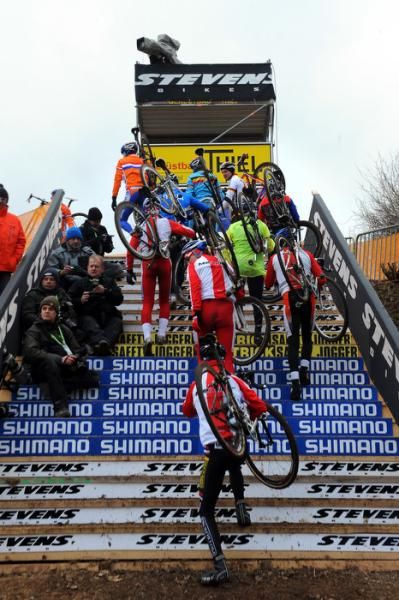 Riders tackle a flight of stairs during Friday's training session.