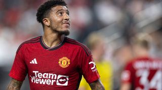 Jadon Sancho of Manchester United looks on during the pre-season friendly match between Manchester United and Borussia Dortmund at Allegiant Stadium on July 30, 2023 in Las Vegas, Nevada.