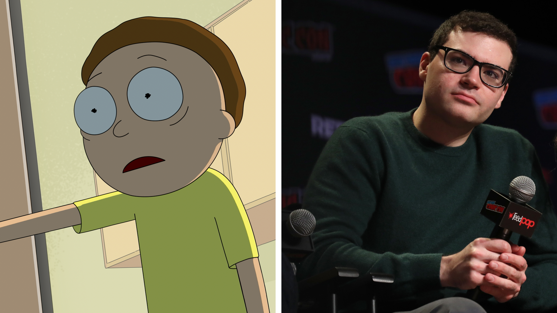 Morty from Rick and Morty, pictured alongside his voice actor Harry Belden