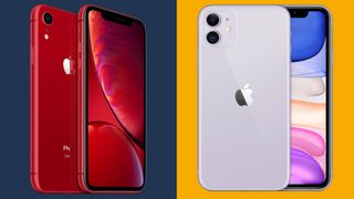 iPhone XR against a dark blue background and iPhone 11 against a yellow background