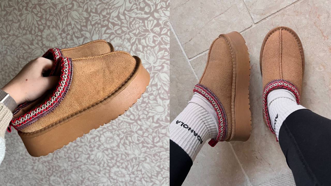A person holding a pair of Ugg Tazman dupes next to a person wearing a pair of Ugg Tazman dupes.