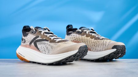 the keen seek trail shoes in brown, black, and beige photographed against the blue tom's guide background