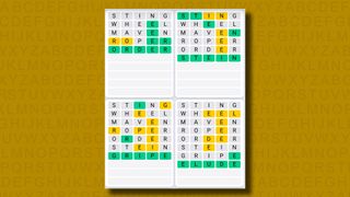 Quordle Daily Sequence answers for game 1114 on a yellow background