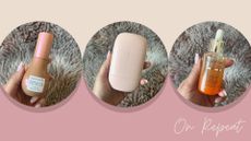 Glow Recipe Bronzing Drops, Fussy deodorant, Kerastase Nutritive serum on a pink background with 'On Repeat' writing in corner