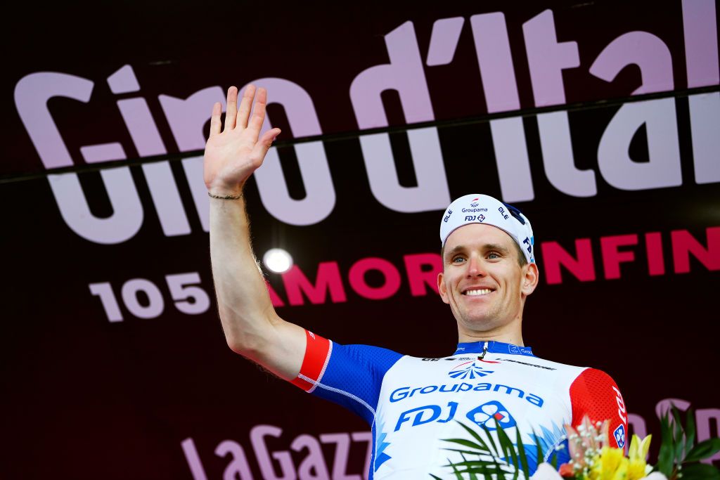 MESSINA ITALY MAY 11 Arnaud Demare of France and Team Groupama FDJ celebrates winning the stage on the podium ceremony after the 105th Giro dItalia 2022 Stage 5 a 174km stage from Catania to Messina Giro WorldTour on May 11 2022 in Messina Italy Photo by Tim de WaeleGetty Images