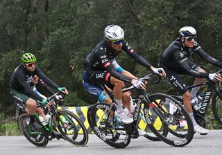 SANT FELIU DE GUIXOLS, SPAIN - MARCH 24: (L-R) Juan Ayuso of Spain and UAE Team Emirates and Enric Mas of Spain and Movistar Team compete during the 104th Volta Ciclista a Catalunya 2025, Stage 1 a 178.6km stage from Sant Feliu de Guixols to Sant Feliu de Guixols / #UCIWT / on March 24, 2025 in Sant Feliu de Guixols, Spain. (Photo by Szymon Gruchalski/Getty Images)