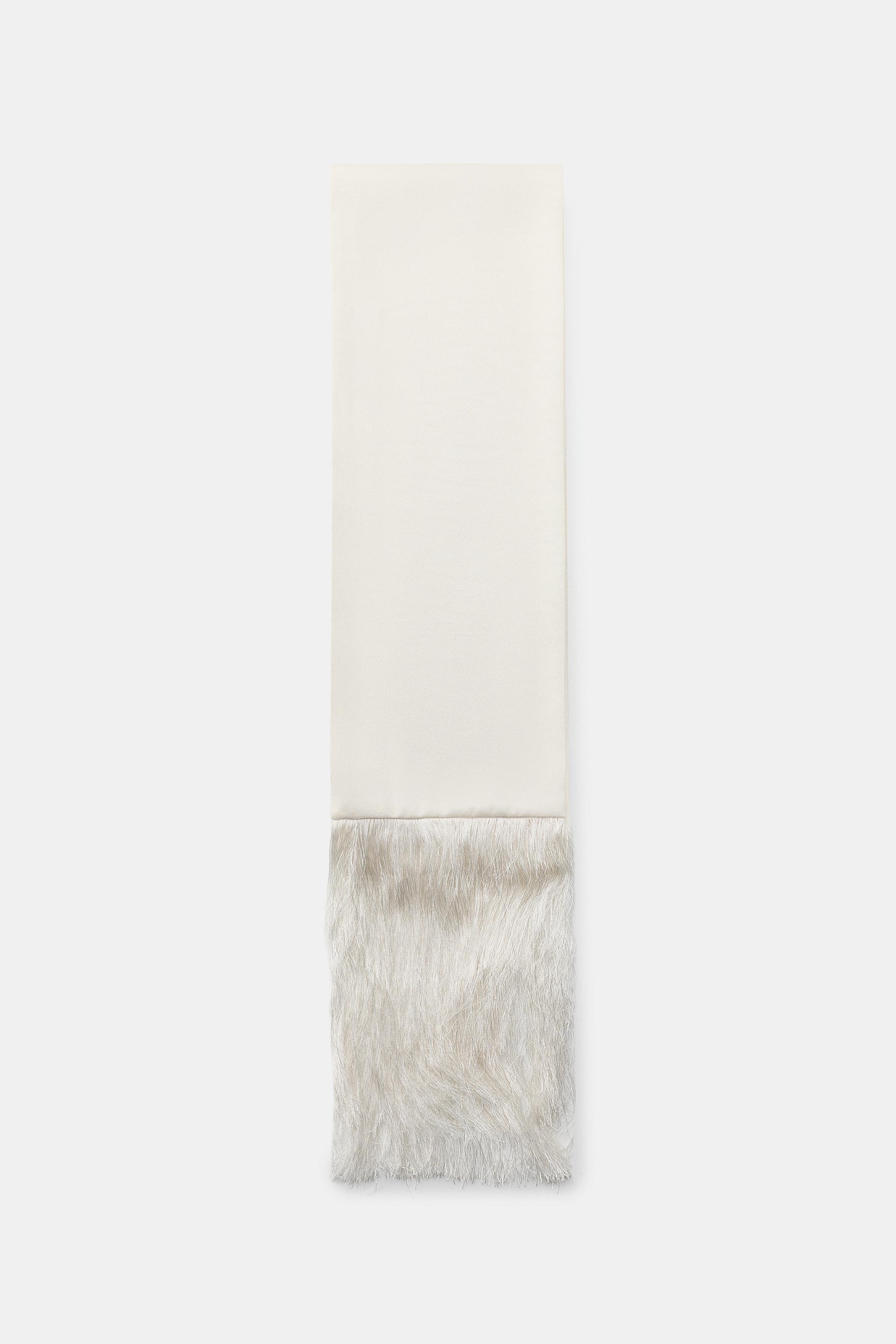 Fringed Tie-Style Scarf - Ecru - M