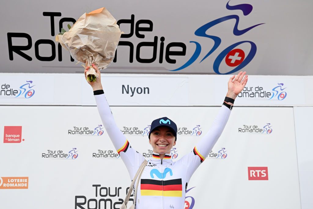 NYON SWITZERLAND SEPTEMBER 17 Liane Lippert of Germany and Movistar Team celebrates at podium as stage winner during the 2nd Tour de Romandie Feminin 2023 Stage 3 a 1108km stage from Vernier to Nyon UCIWWT on September 17 2023 in Nyon Switzerland Photo by Dario BelingheriGetty Images