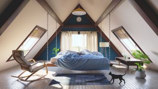 A loft converted into a bedroom with ben hanging from a vaulted ceiling