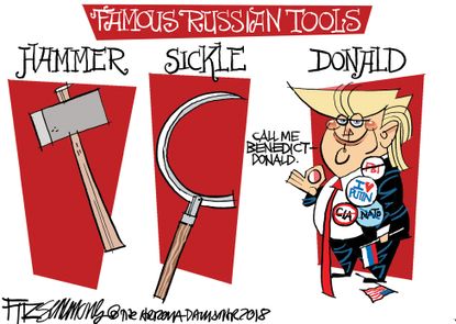 Political cartoon U.S. Trump Putin Helsinki summit hammer and sickle Benedict Arnold