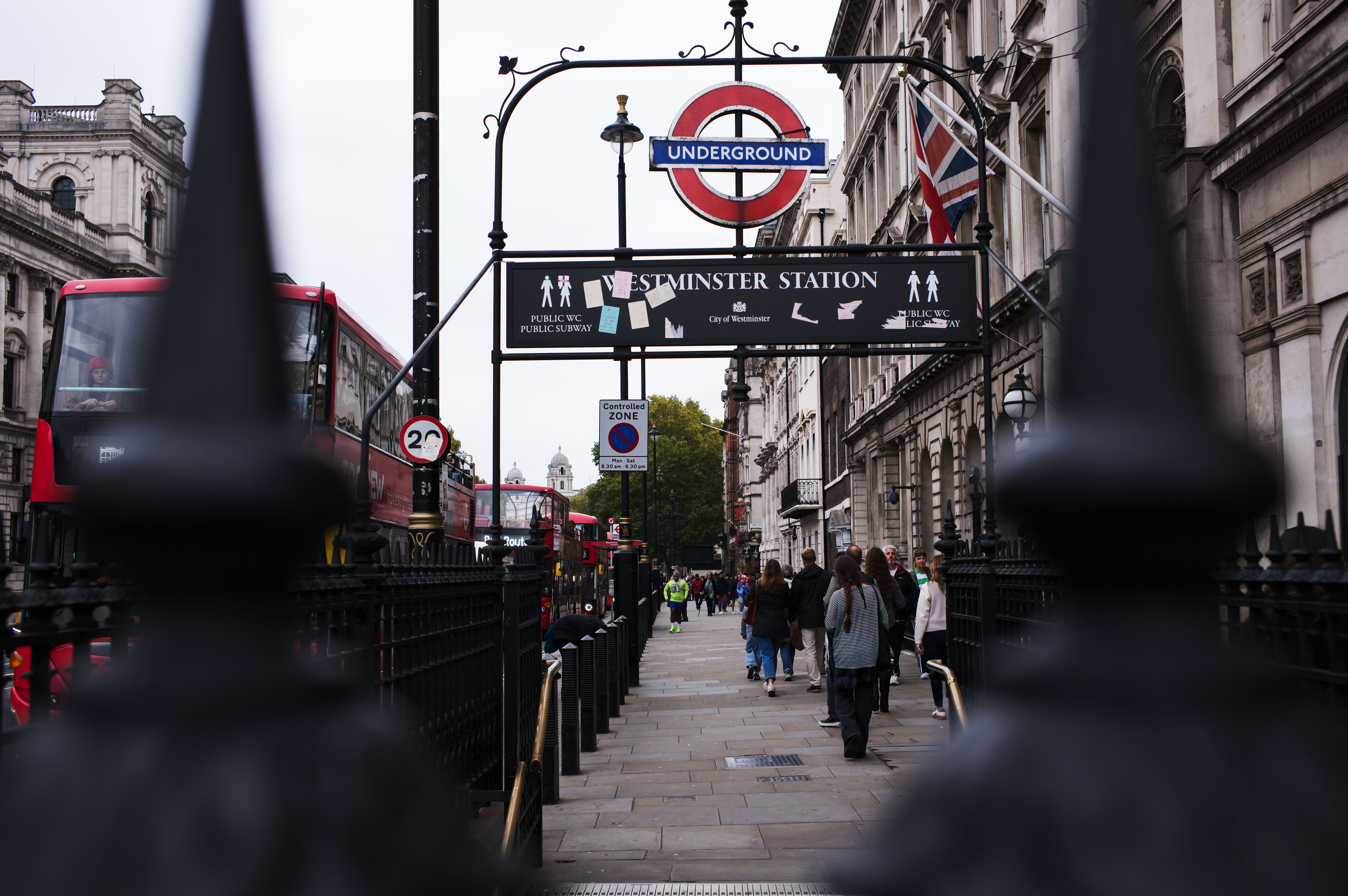 The exit to Westminster station on the London Underground