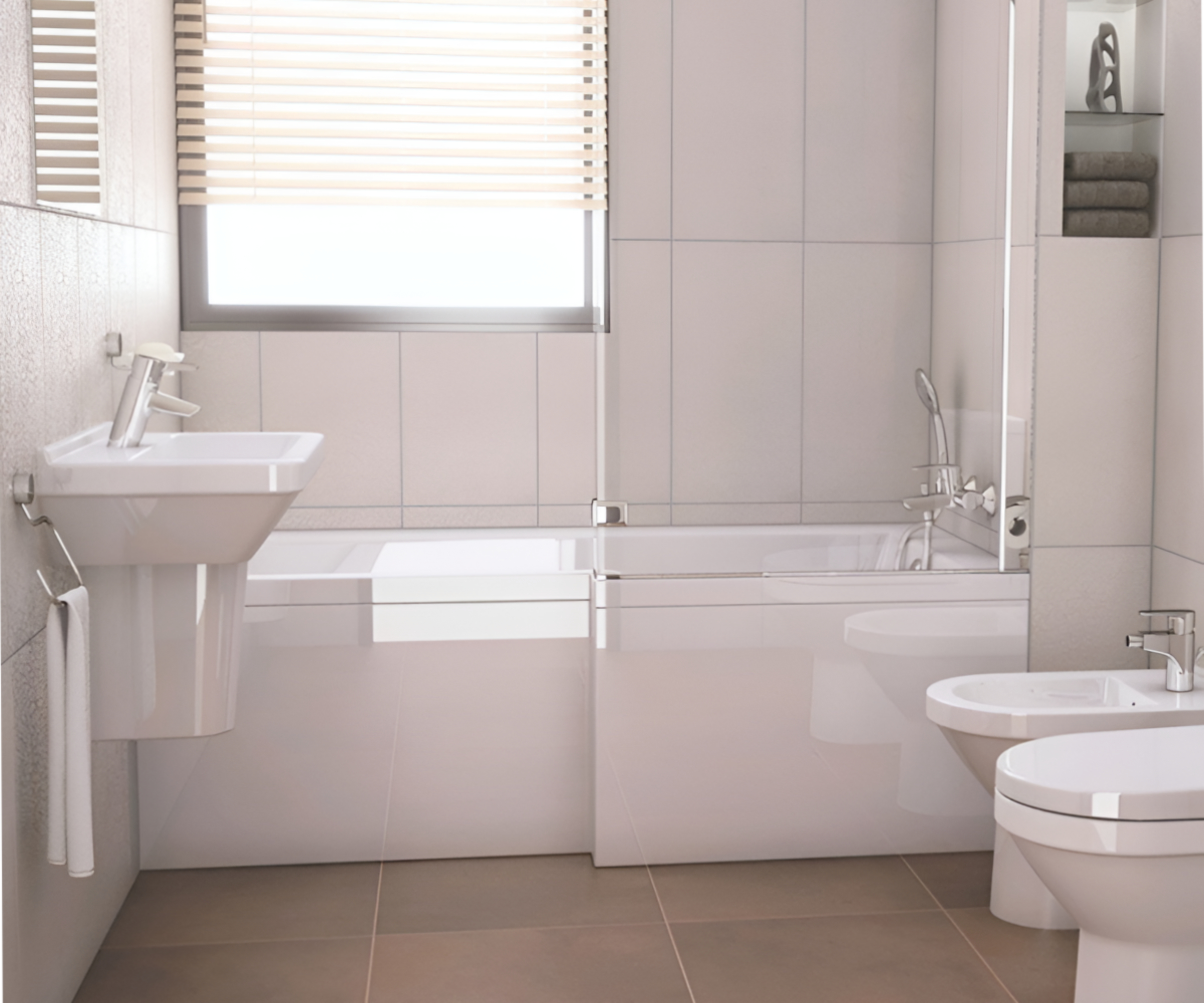 L-shaped shower bath in bathroom with toilet, bidet and wall-mounted sink