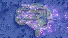 A CGI representation of a brain made from circuits representing AI, with purple lights and electrodes running across it representing data flowing through as neurons through a deep learning algorithm. Decorative: The wires are pale green and the lights are purple. Both are set against an abstract blue background, pocked with squares and circles to represent a circuitboard.