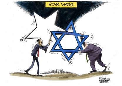 Obama cartoon U.S. Israel UN west bank settlements fight