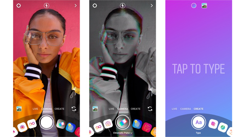 Screenshots of Instagram camera with a new effects wheel