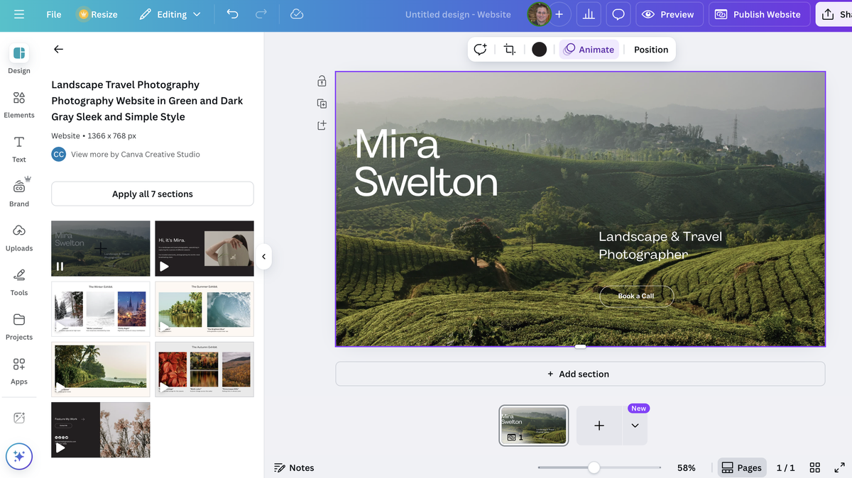 Selecting a website template in Canva