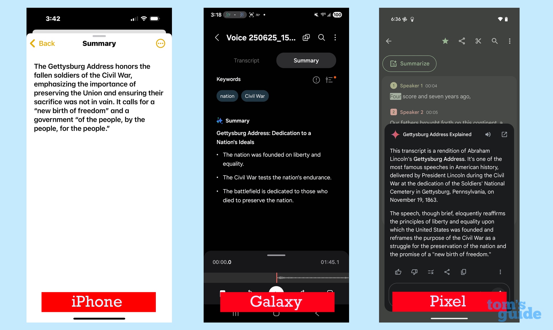 AI-generated summaries of audio recordings on iPhone 15 Pro galaxy s25 plus and pixel 9