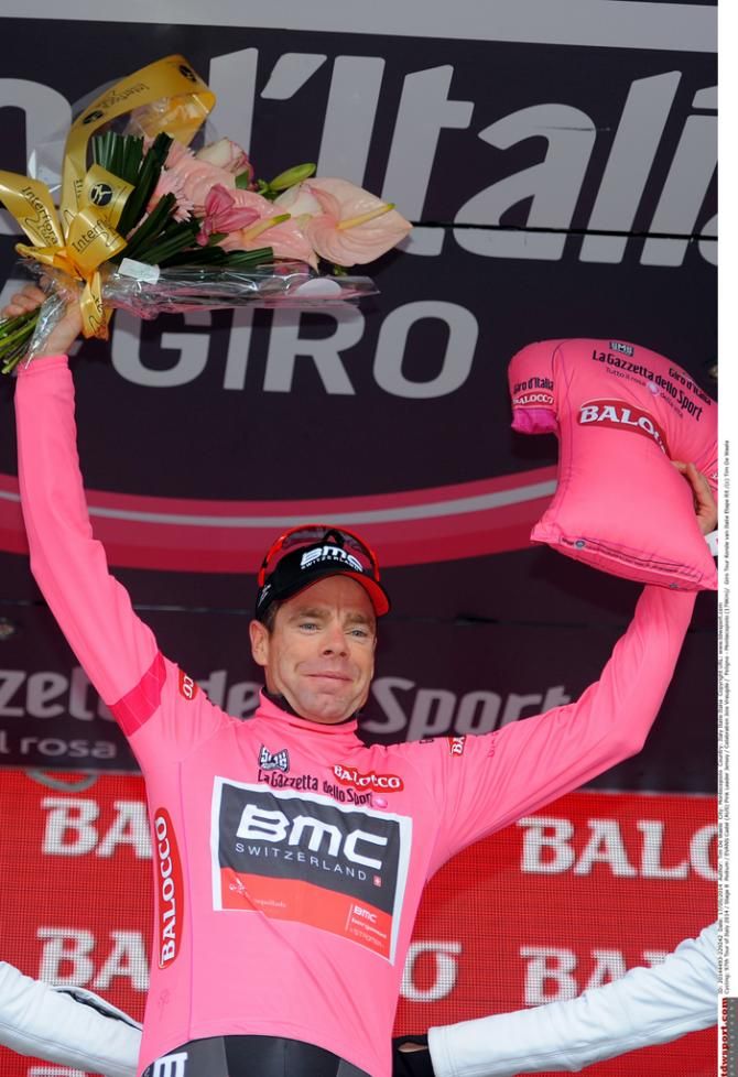 Cadel Evans (BMC) celebrates his first maglia rosa in 2014