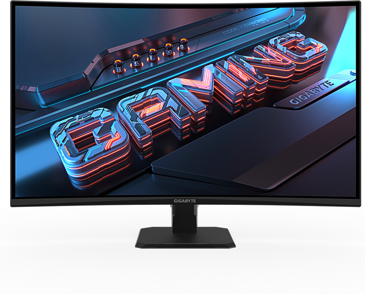 A Gigabyte GS32QC gaming monitor against a white background