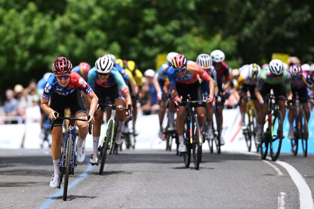 STIRLING AUSTRALIA JANUARY 13 Cecilie Uttrup Ludwig of Denmark and Team FdjSuez sprint at finish line to win the 8th Santos Womens Tour Down Under 2024 Stage 2 a 1042km stage from Glenelg to Stirling 442m UCIWWT on January 13 2024 in Stirling Australia Photo by Tim de WaeleGetty Images