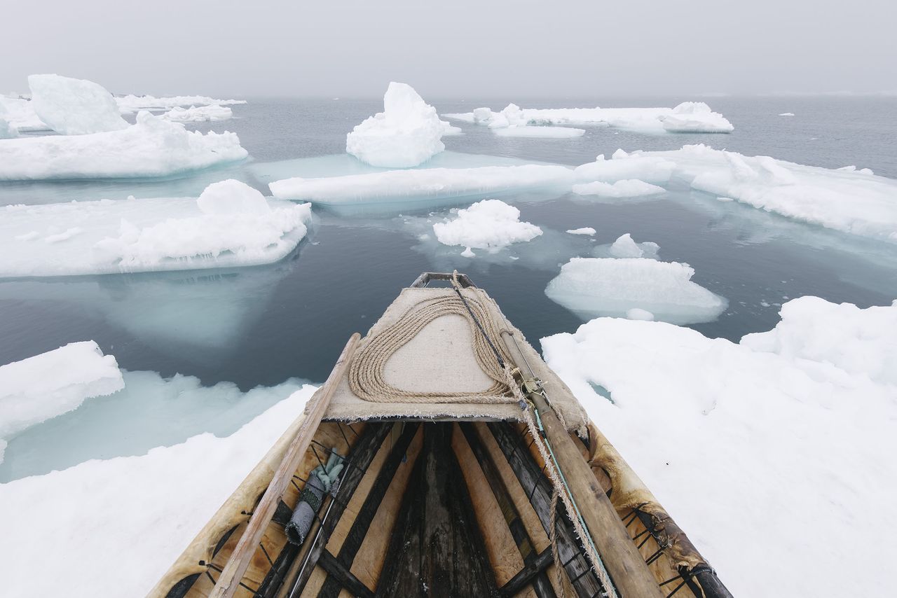 Traditional whaling is practiced in tune with the unpredictable weather of the Arctic. Wind has pushed floating ice near the shorefast ice and the whalers must wait until it shifts again, sometimes weeks later. Credit: Kiliii Yuyan via the British Museum