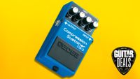 A Boss CS-3 Compression/Sustainer guitar pedal on a yellow background