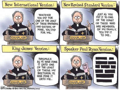 Political cartoon U.S. Paul Ryan Patrick Conroy firing Bible verse