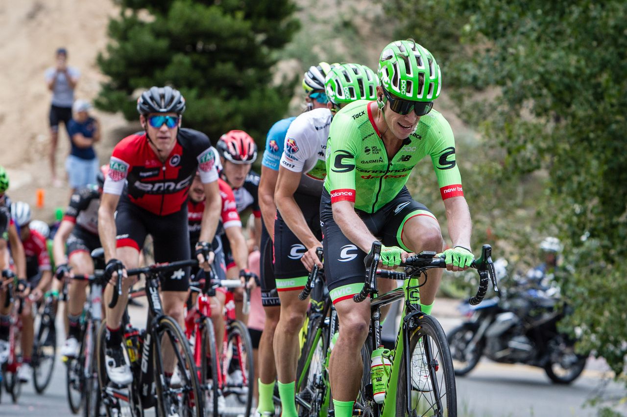 Rigoberto Uran (Cannondale) leads a group up the climb.