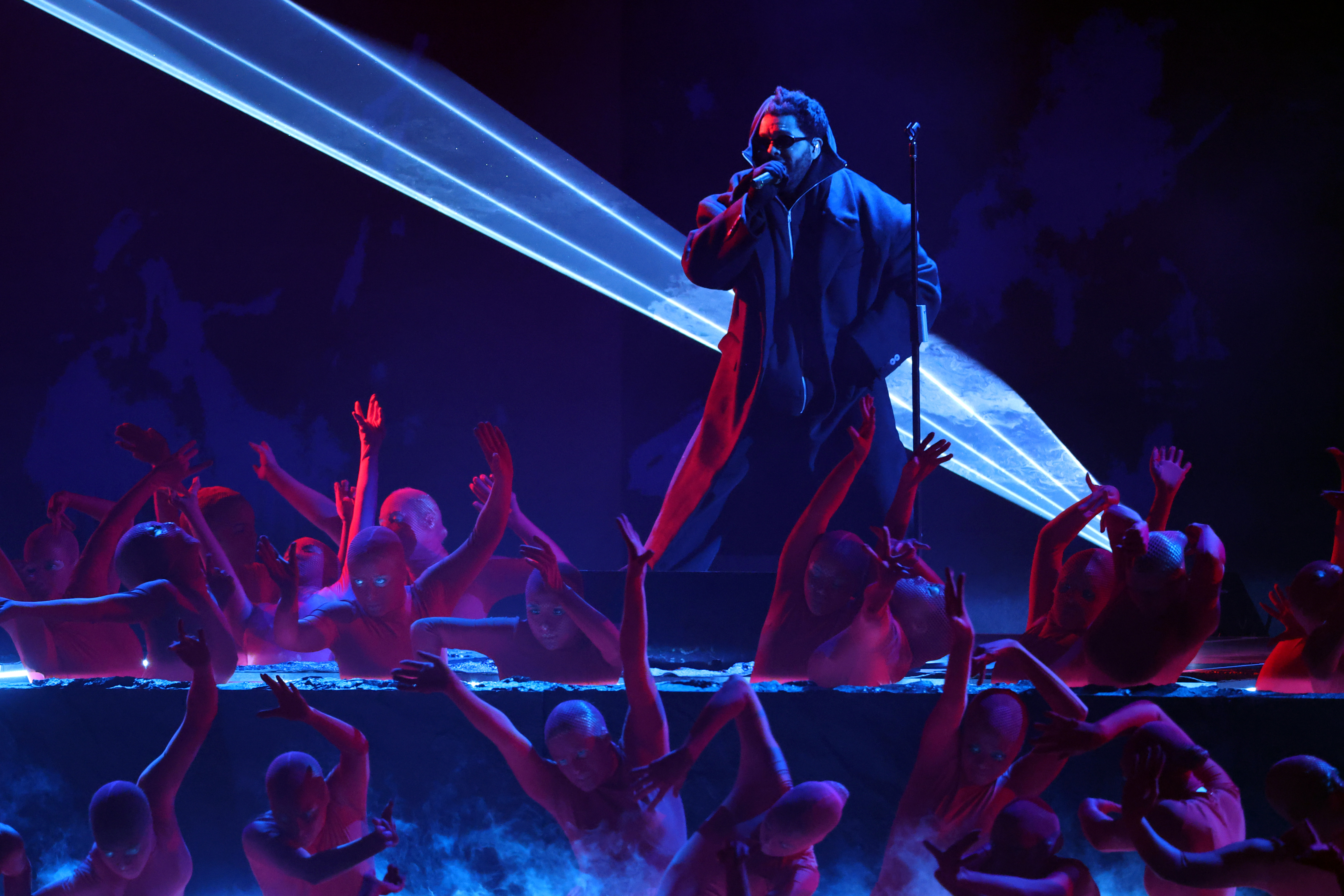 The Weeknd performing at the Grammys this year in California.