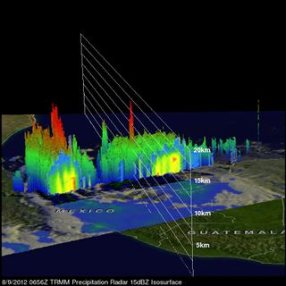 NASA's TRMM satellite saw tropical storm Ernesto on August 9, 2012 at 0656 UTC. This 3-D view of Ernesto's vertical structures shows some powerful convective storms near Ernesto's center were pushing to heights of over 16 kilometers (~9.94 miles).