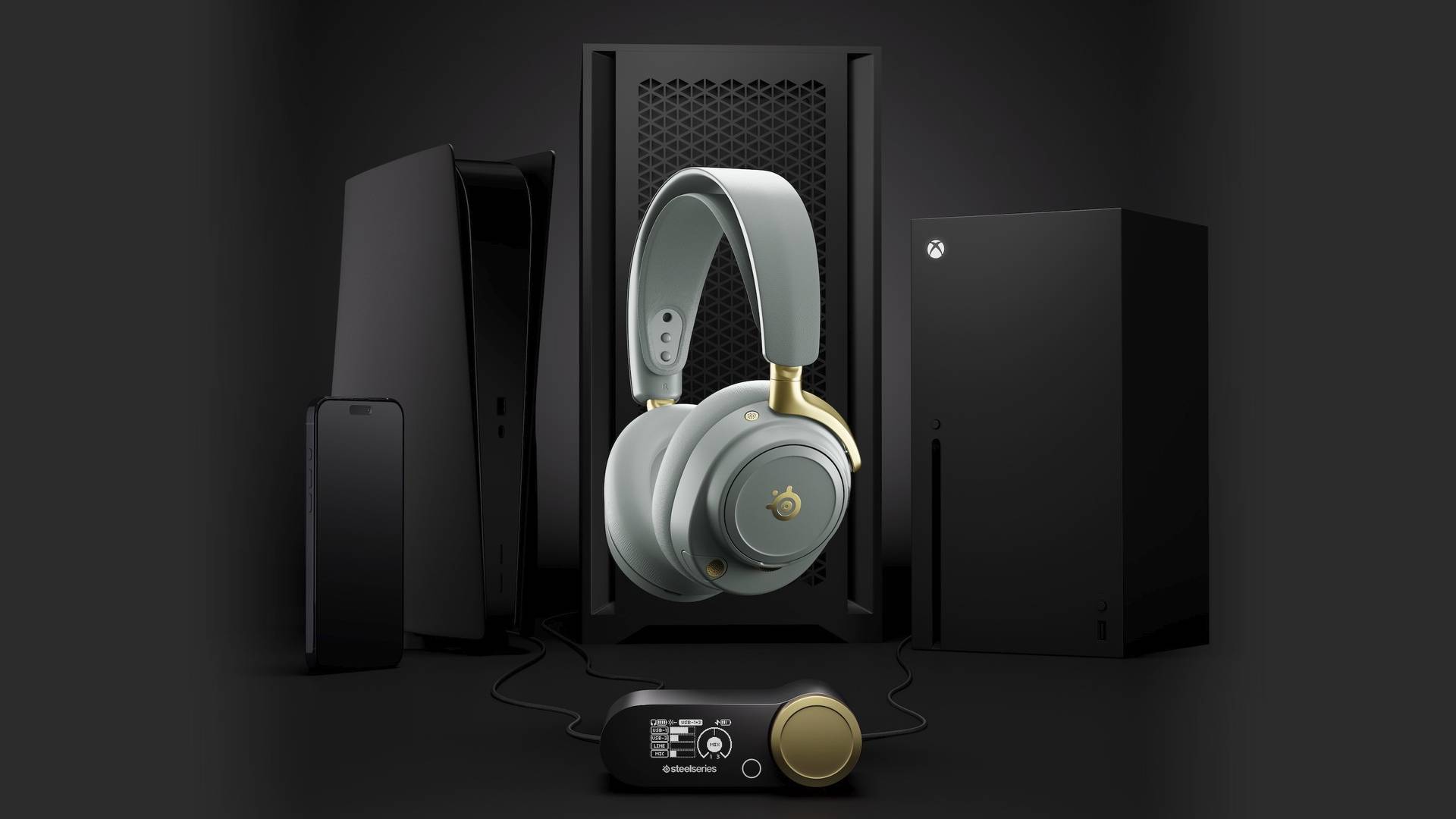 Official promo image of a white headset sitting in front of a range of games consoles.