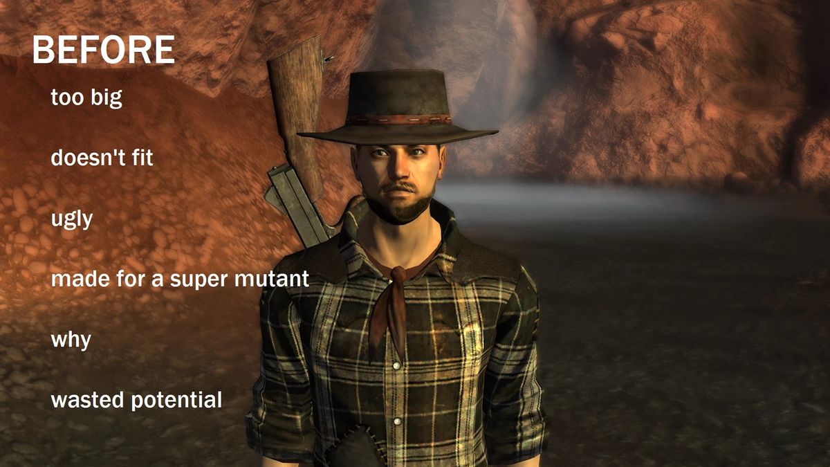 A 'before' slide from Daniel's Hat Refitted, showing the myriad ways the default hat is too large.