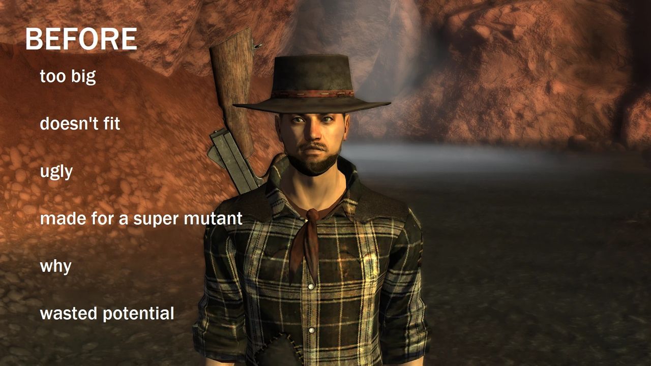 A 'before' slide from Daniel's Hat Refitted, showing the myriad ways the default hat is too large.