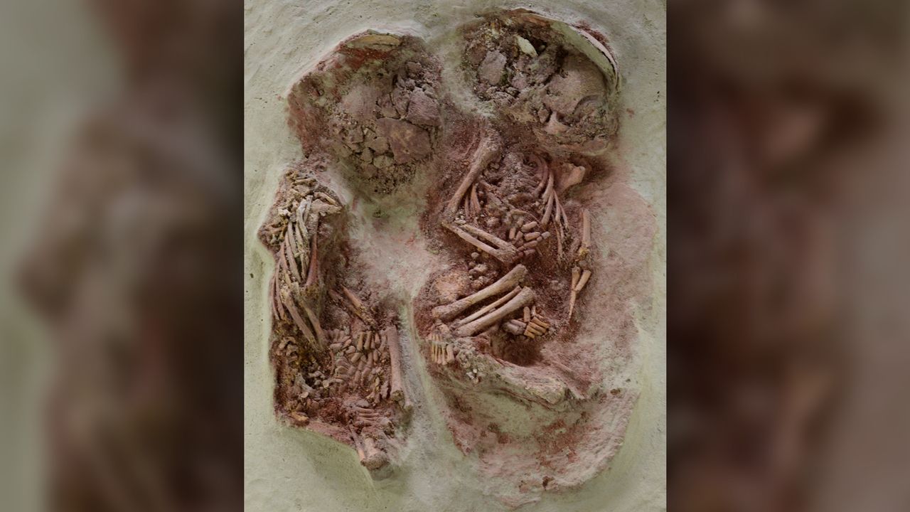 The twins' bodies were covered with the red pigment ochre.