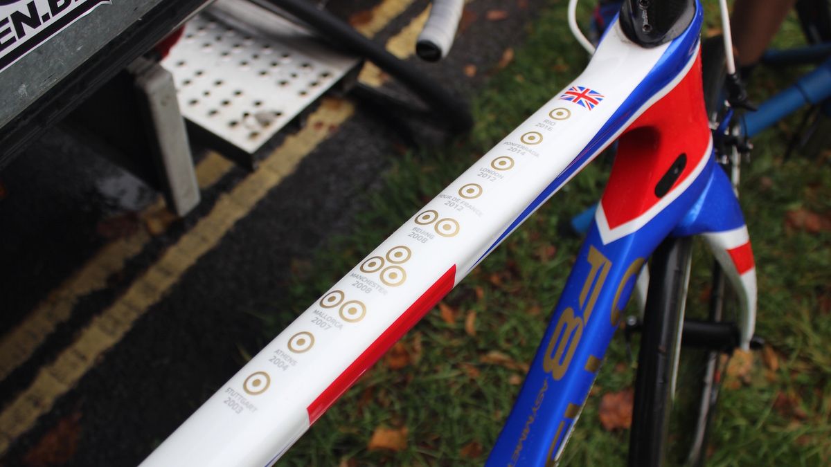Wiggins palmares adorns the top tube of the frame