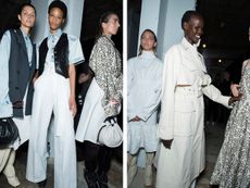 Models wear large trousers, denim shirts, black leather waistcoat and cream trench coat