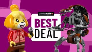 Lego Isabelle minifigure holding a microphone and Lego Droideka on either side of a 'best deal' badge, all against a purple background