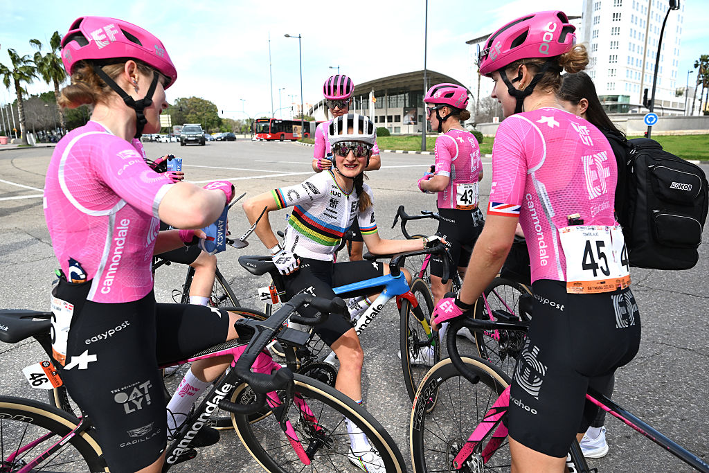 VALENCIA, SPAIN - FEBRUARY 15: Magdeleine Vallieres of Canada and Team EF Education-Oatly reacts after the 10th Setmana Ciclista - Volta Femenina de la Comunitat Valenciana 2026, Stage 4 a 117km stage from Sagunt to Valencia on February 15, 2026 in Valencia, Spain. (Photo by Szymon Gruchalski/Getty Images)