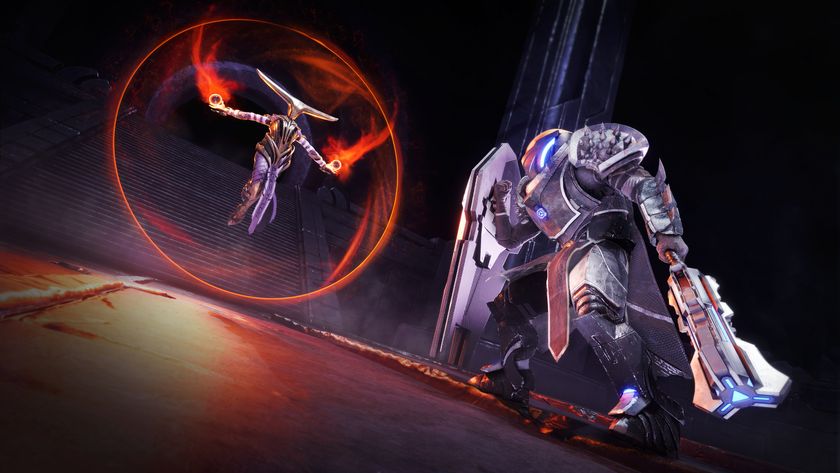 In Empyreal, an armored warrior with a glowing mace raises their shield as they face off against a floating entity surrounded by an orange aura.