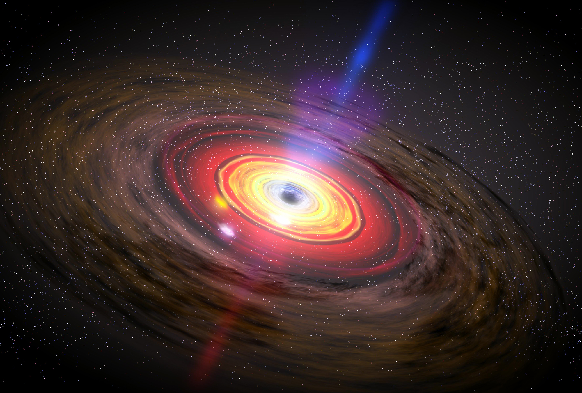 This image depicts three hot blobs of matter orbiting a black hole. If placed in our Solar System, this black hole would appear like a dark abyss spread out nearly as wide as Mercury&#039;s orbit. And the three blobs (each as large as the Sun) would be as far 