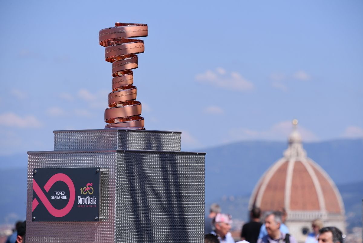 The Giro d'Italia trophy poses in Florence with the famous dome in the background